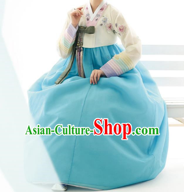 Traditional Korean Costumes Bride Wedding Blue Dress, Korea Hanbok Queen Court Embroidered Clothing for Women