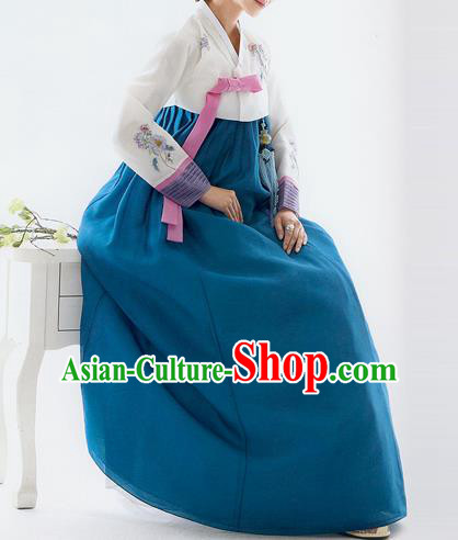 Traditional Korean Costumes Bride Wedding White Blouse and Blue Silk Dress, Korea Hanbok Princess Court Embroidered Clothing for Women