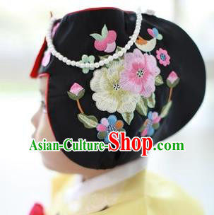 Traditional Korean Hair Accessories Bride Black Embroidered Hats, Asian Korean Fashion Girls Wedding Headwear for Kids