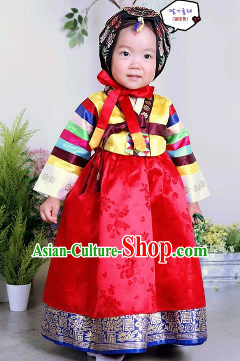 Traditional Korean Handmade Formal Occasions Embroidered Baby Brithday Hanbok Red Dress Clothing for Girls