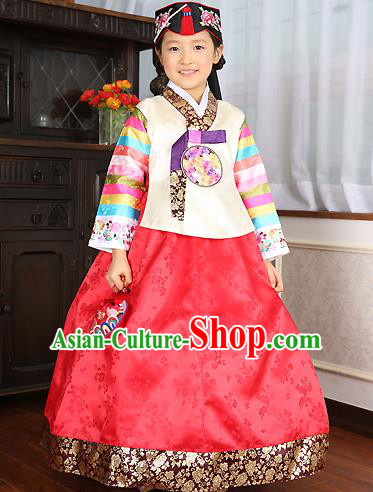 Asian Korean Traditional Handmade Formal Occasions Costume Baby Princess Embroidered White Blouse and Red Dress Hanbok Clothing for Girls