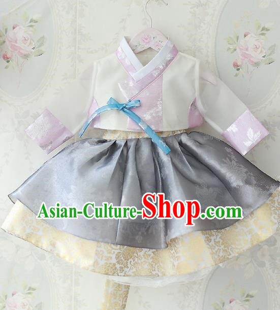 Asian Korean National Traditional Handmade Formal Occasions Costume, Palace Wedding Embroidered Grey Hanbok Clothing for Girls