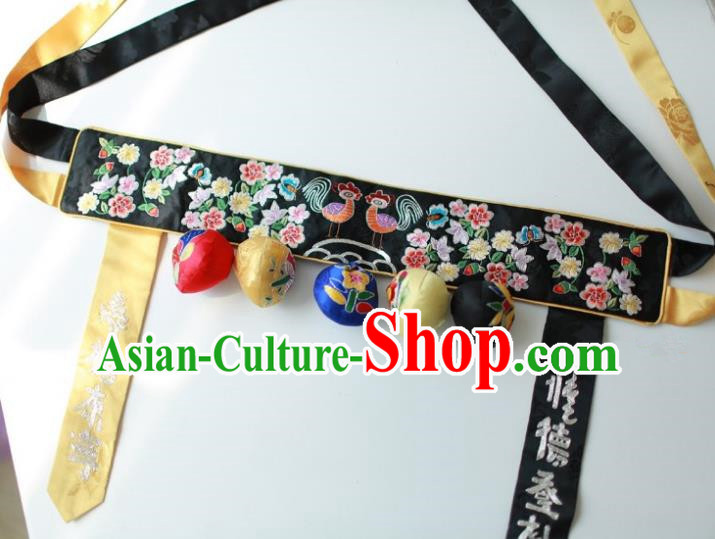 Traditional Korean Accessories Embroidered Black Waist Belts, Asian Korean Fashion Wedding Tassel Waistband for Kids