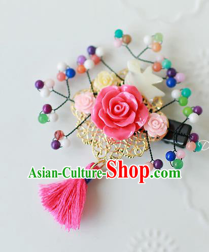 Traditional Korean Hair Accessories Pink Flowers Hair Stick, Asian Korean Fashion Headwear Wedding Tassel Hair Claw for Kids