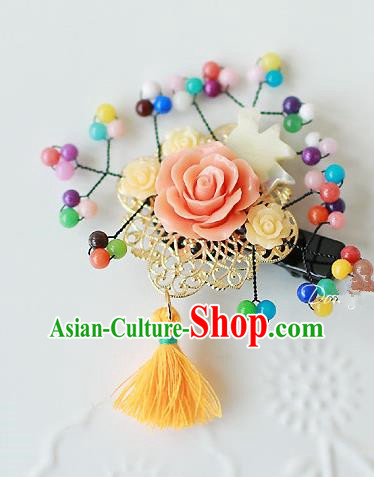 Traditional Korean Hair Accessories Orange Flowers Hair Stick, Asian Korean Fashion Headwear Wedding Tassel Hair Claw for Kids