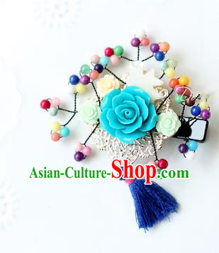 Traditional Korean Hair Accessories Blue Flowers Hair Stick, Asian Korean Hanbok Fashion Headwear Wedding Tassel Hair Claw for Kids