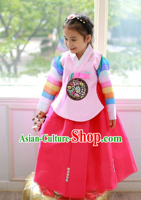 Asian Korean Traditional Handmade Formal Occasions Costume Princess Embroidered Pink Blouse and Red Dress Hanbok Clothing for Girls