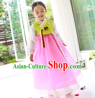 Asian Korean Traditional Handmade Formal Occasions Costume Princess Embroidered Green Blouse and Pink Veil Dress Hanbok Clothing for Girls