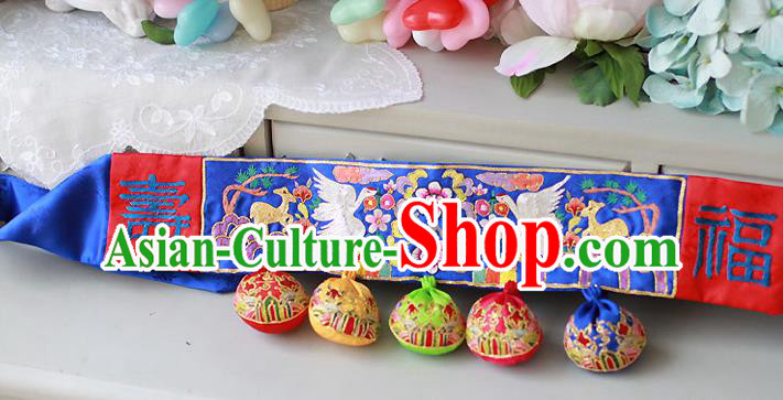 Traditional Korean National Accessories Embroidered Blue Waist Belts, Asian Korean Fashion Waistband Decorations for Kids