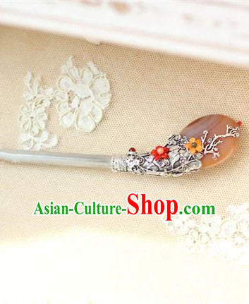 Traditional Korean Hair Accessories Bride Brown Jade Hairpins, Asian Korean Fashion Wedding Headwear for Kids