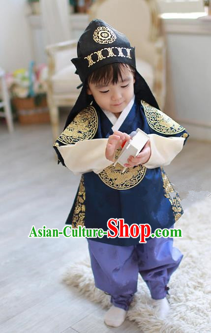 Asian Korean Traditional Handmade Formal Occasions Boys Navy Embroidered Costume Hanbok Clothing for Boys