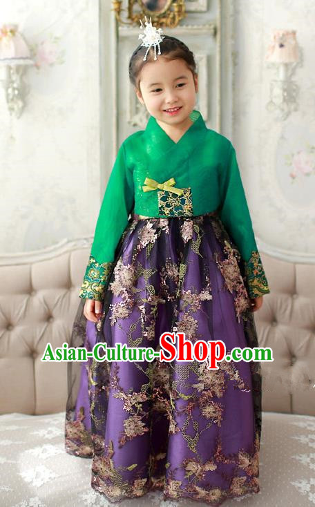 Asian Korean Traditional Handmade Formal Occasions Girls Embroidered Green Blouse and Purple Dress Costume Hanbok Clothing for Kids