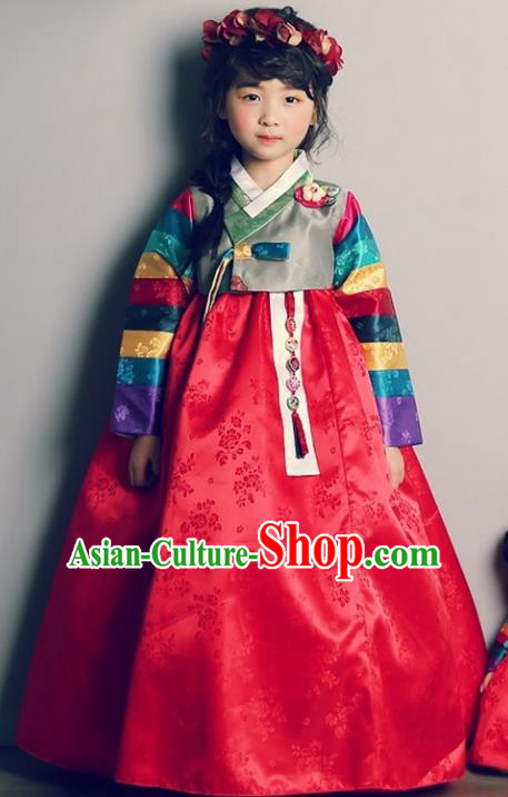Asian Korean Traditional Handmade Formal Occasions Girls Embroidered Blouse and Red Dress Costume Hanbok Clothing for Kids