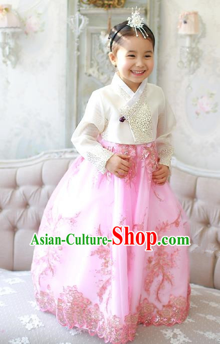 Asian Korean Traditional Handmade Formal Occasions Girls Embroidered White Blouse and Pink Lace Dress Costume Hanbok Clothing for Kids