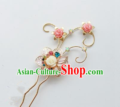 Traditional Korean National Hair Accessories Pink Flowers Hairpins, Asian Korean Fashion Wedding Hanbok Hair Decorations Headwear for Women