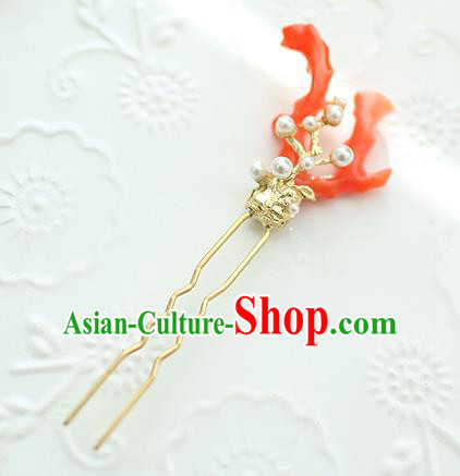 Traditional Korean National Hair Accessories Coral Hairpins, Asian Korean Fashion Wedding Hanbok Hair Decorations Headwear for Women