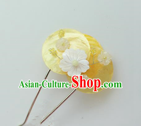 Traditional Korean National Hair Accessories Yellow Shell Flower Hairpins, Asian Korean Fashion Wedding Hanbok Hair Decorations Headwear for Women