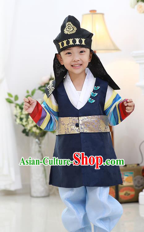 Asian Korean National Traditional Handmade Formal Occasions Embroidered Thronfolger Costume Wedding Navy Hanbok Clothing for Boys