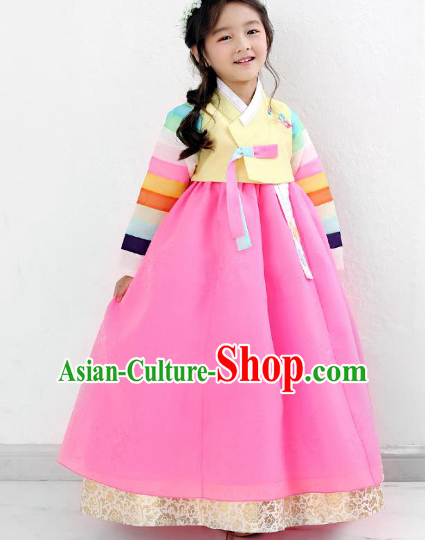 Asian Korean National Traditional Handmade Formal Occasions Girls Embroidery Yellow Blouse and Pink Dress Costume Hanbok Clothing for Kids