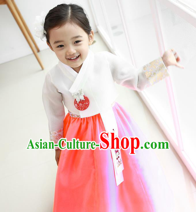 Asian Korean National Traditional Handmade Formal Occasions Girls Embroidery Hanbok Costume White Blouse and Pink Dress Complete Set for Kids