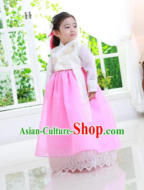 Asian Korean National Traditional Handmade Formal Occasions Girls Embroidery Hanbok Costume White Lace Blouse and Dress Complete Set for Kids