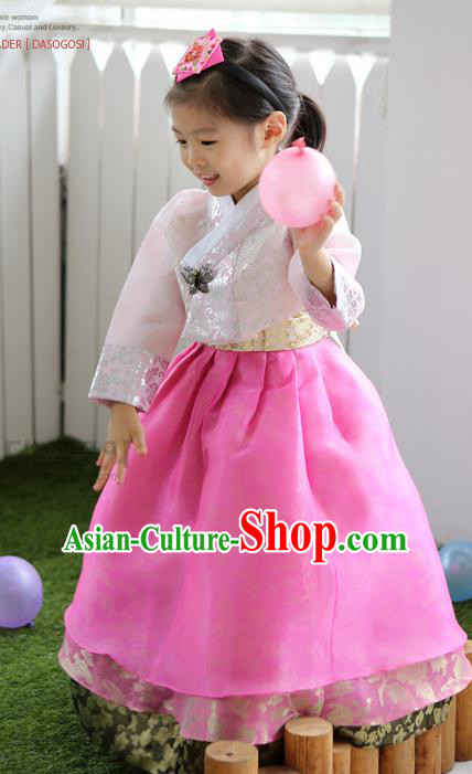 Asian Korean National Traditional Handmade Formal Occasions Girls Embroidery Hanbok Costume White Blouse and Pink Dress Complete Set for Kids
