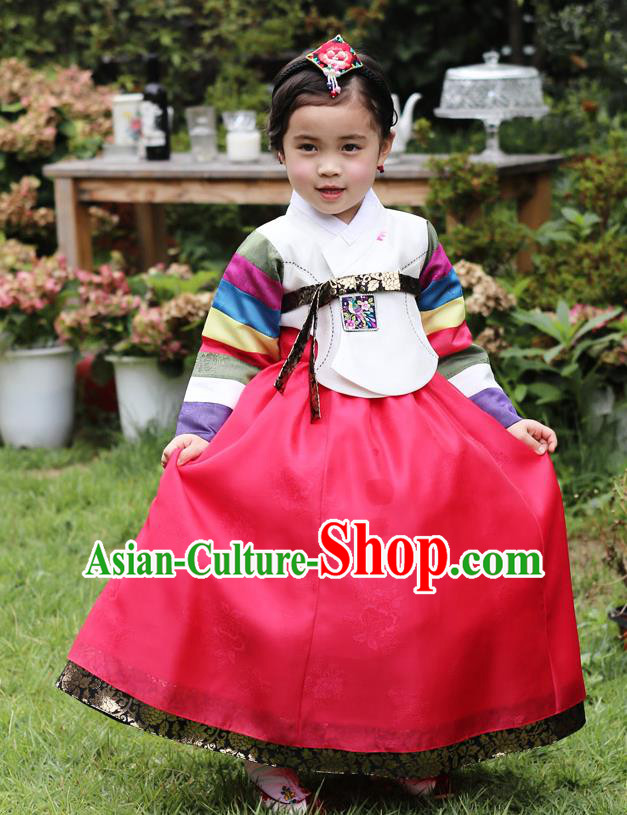 Asian Korean National Traditional Handmade Formal Occasions Girls Embroidery Hanbok Costume White Blouse and Red Dress Complete Set for Kids