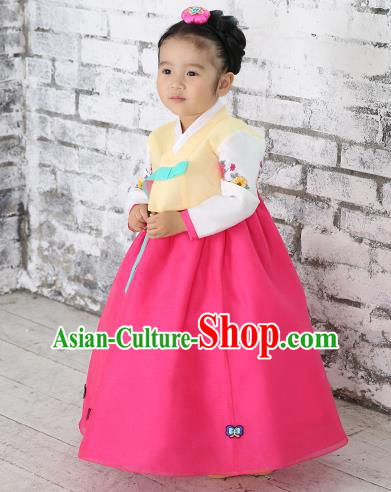 Traditional Korean National Handmade Formal Occasions Girls Hanbok Costume Embroidered Yellow Blouse and Pink Dress for Kids