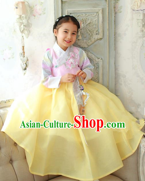 Traditional Korean National Handmade Formal Occasions Girls Hanbok Costume Embroidered Pink Blouse and Yellow Dress for Kids