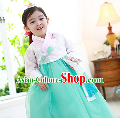 Traditional Korean National Handmade Formal Occasions Girls Hanbok Costume Embroidered White Lace Blouse and Green Dress for Kids