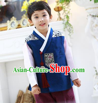 Asian Korean National Traditional Handmade Formal Occasions Boys Embroidery Deep Blue Hanbok Costume Complete Set for Kids