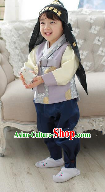 Asian Korean National Traditional Handmade Formal Occasions Boys Embroidery Lilac Hanbok Costume Complete Set for Kids