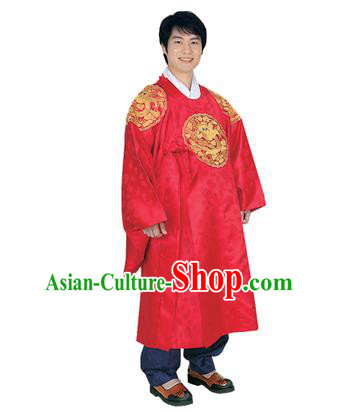 Korean National Traditional Handmade Wedding Embroidery Hanbok Costume, Asian Korean Palace Bridegroom Red Dragon Robe for Men