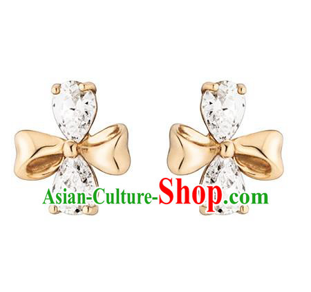 Traditional Korean Accessories 14K Gold Crystal Bowknot Earrings for Women