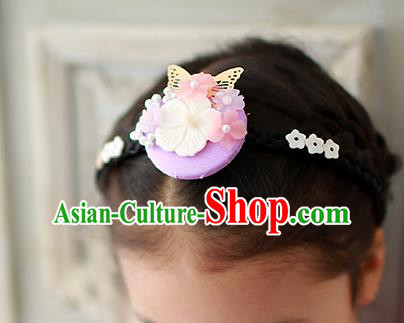 Traditional Korean Hair Accessories Shell Butterfly Flowers Hair Clasp, Asian Korean Hanbok Fashion Headwear Rosy Headband for Kids