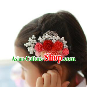 Traditional Korean Hair Accessories Red Flowers Hair Claw, Asian Korean Hanbok Fashion Headwear Hair Stick for Kids