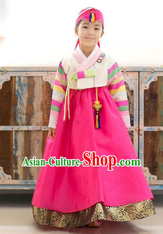 Asian Korean National Traditional Handmade Formal Occasions Girls Embroidery Hanbok Costume White Blouse and Rosy Dress Complete Set for Kids