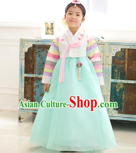 Asian Korean National Traditional Handmade Formal Occasions Girls Embroidery Hanbok Costume White Blouse and Green Dress Complete Set for Kids