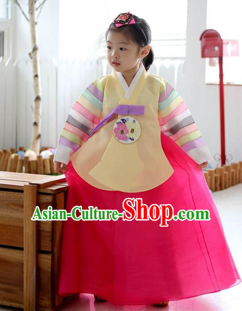 Asian Korean National Traditional Handmade Formal Occasions Girls Embroidery Hanbok Costume Yellow Blouse and Pink Dress Complete Set for Kids