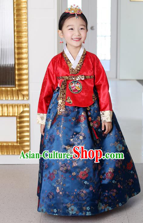 Asian Korean National Traditional Handmade Formal Occasions Girls Embroidery Hanbok Costume Red Blouse and Blue Dress Complete Set for Kids