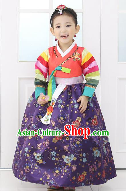 Asian Korean National Traditional Handmade Formal Occasions Girls Embroidery Hanbok Costume Red Blouse and Purple Dress Complete Set for Kids