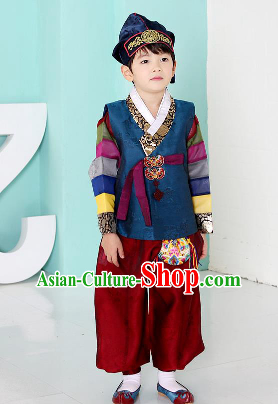Asian Korean National Traditional Handmade Formal Occasions Boys Embroidery Blue Hanbok Costume Complete Set for Kids