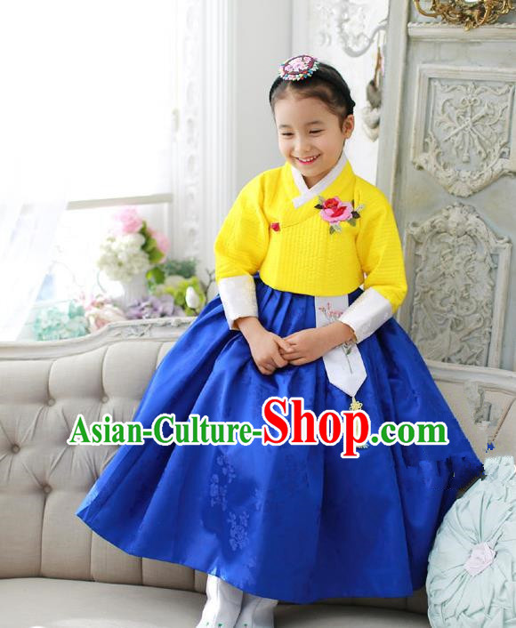Korean National Handmade Formal Occasions Girls Embroidery Hanbok Costume Yellow Blouse and Blue Dress Complete Set for Kids