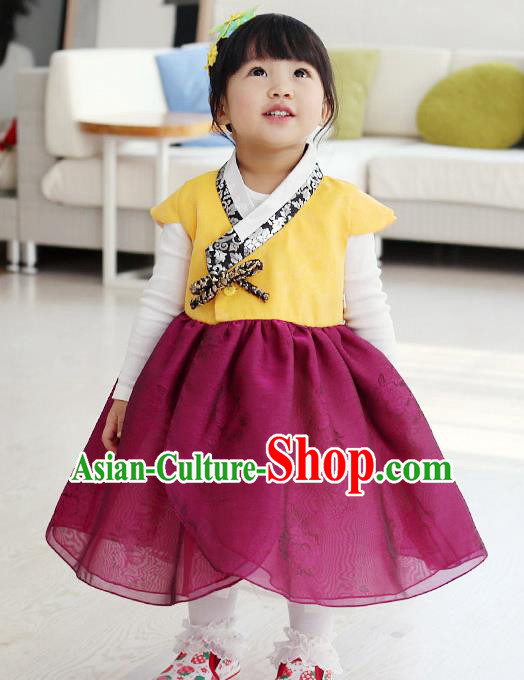 Traditional Korean National Handmade Formal Occasions Girls Embroidery Hanbok Costume Yellow Blouse and Purple Dress Complete Set for Kids