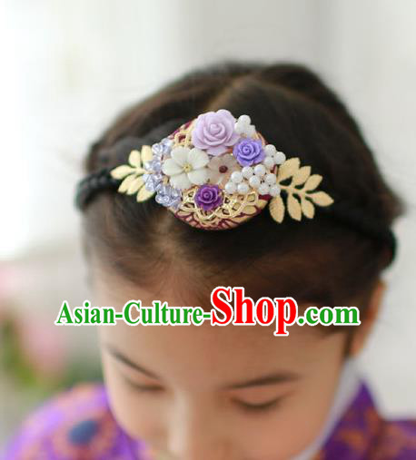 Traditional Korean Hair Accessories Purple Flower Hair Clasp, Asian Korean Hanbok Fashion Headwear Hanbok Headband for Kids