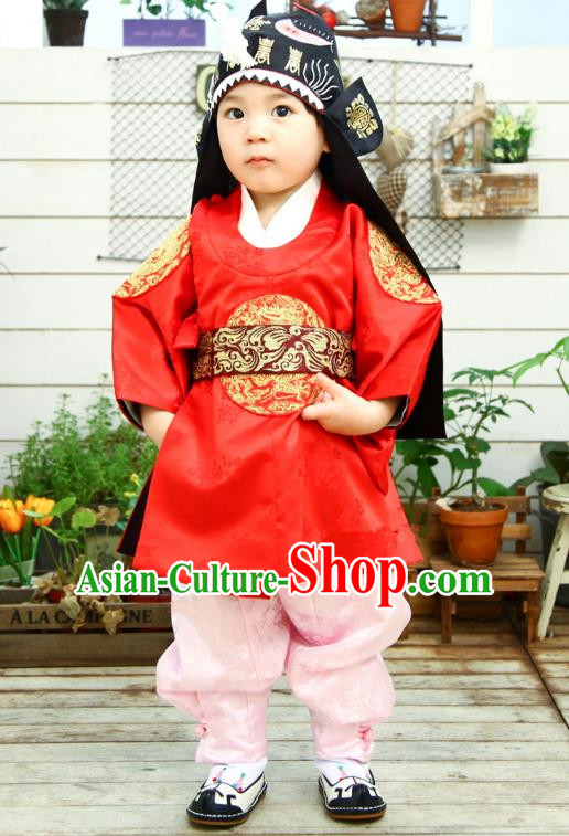 Asian Korean National Traditional Handmade Formal Occasions Emperor Embroidery Red Hanbok Costume Dragon Robe Complete Set for Kids