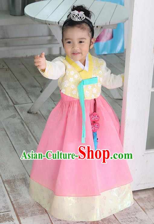 Traditional Korean National Handmade Formal Occasions Embroidered Yellow Blouse and Pink Dress Girls Palace Hanbok Costume for Kids
