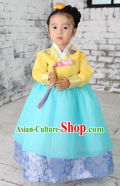 Traditional Korean National Handmade Formal Occasions Embroidered Yellow Blouse and Blue Dress Girls Palace Hanbok Costume for Kids