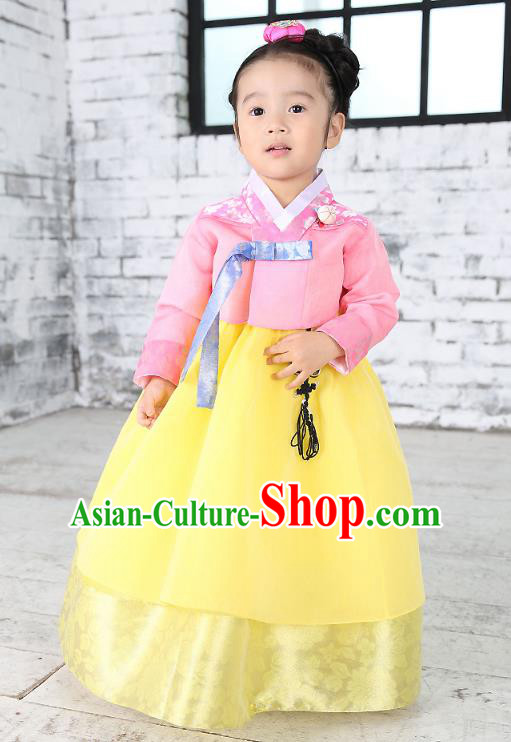Traditional Korean National Handmade Formal Occasions Embroidered Pink Blouse and Yellow Dress Girls Palace Hanbok Costume for Kids