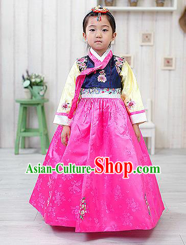 Korean National Handmade Formal Occasions Embroidered Navy Blouse and Pink Dress, Asian Korean Girls Palace Hanbok Costume for Kids
